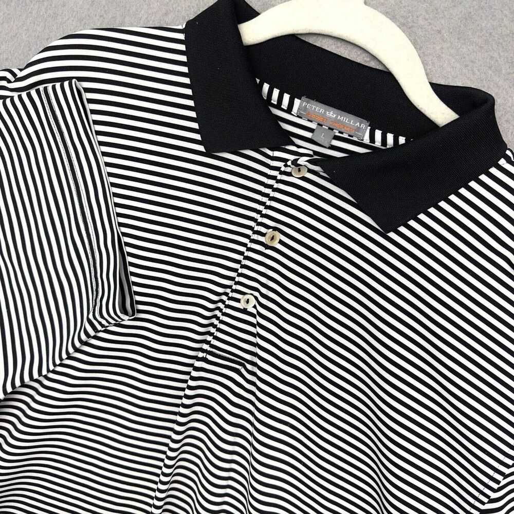 Peter Millar Summer Comfort Sz L Black White Striped Golf Performance Shirt - Picture 5 of 10